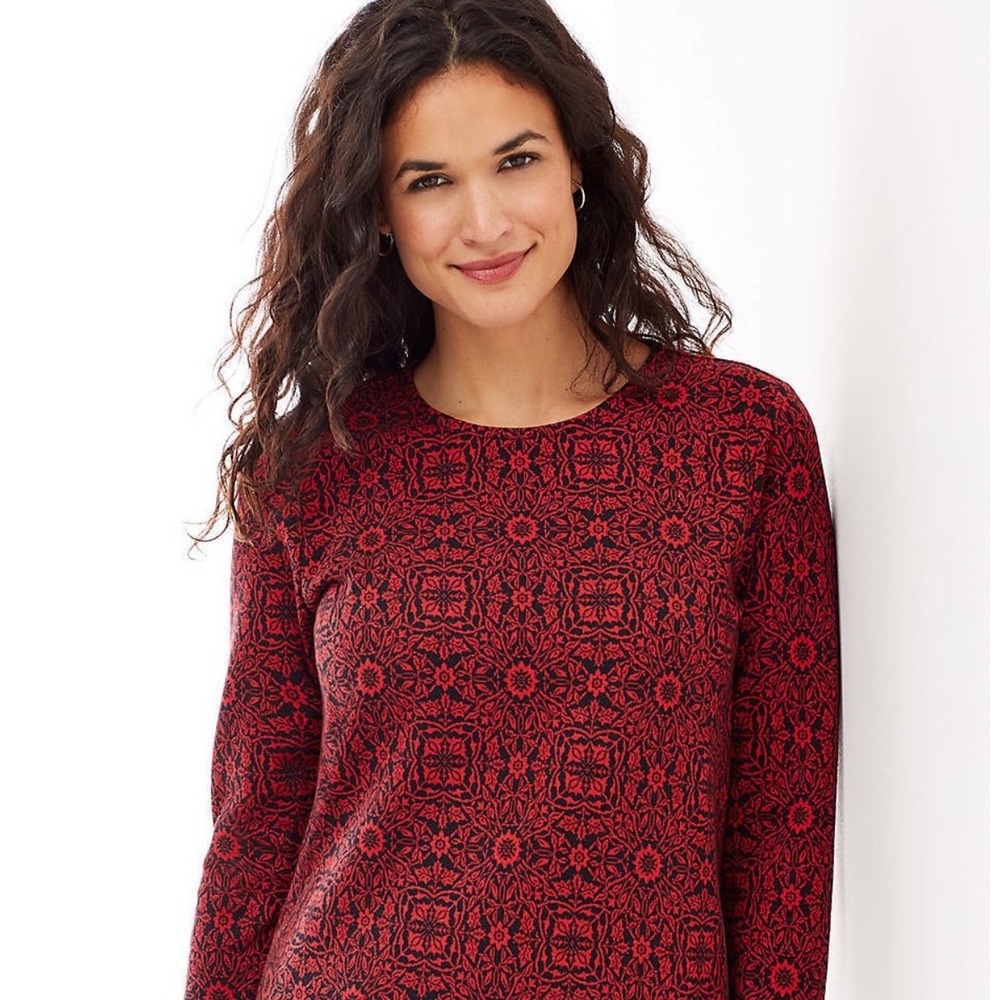 J Jill Red Black Floral Print Long Sleeve Cotton Knit Top Women's Size M